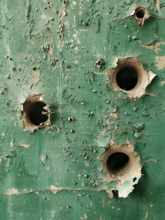 Close-up of bullet holes in a green metal surfaceの素材