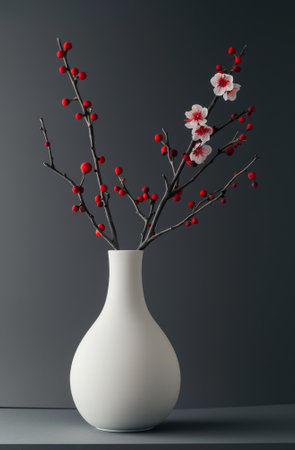 Elegant Vase with Blossoming Branches on a Dark Backgroundの素材