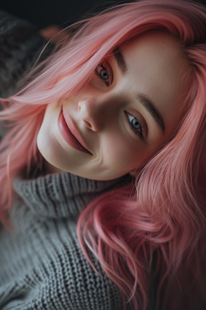Portrait of a Smiling Person with Pink Hairの素材