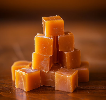 Stack of caramel candies on a wooden surfaceの素材