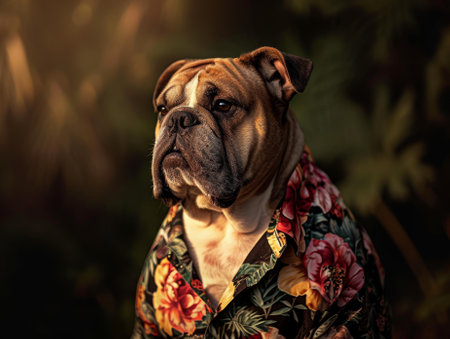 Stylish bulldog wearing a floral shirt posing in natureの素材
