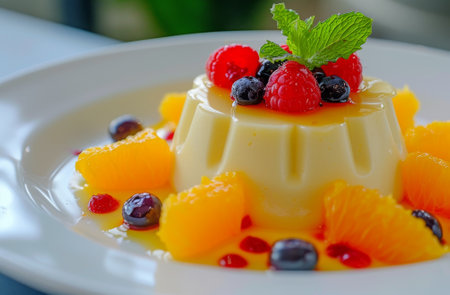 Delicious vanilla panna cotta with fresh berries and mint on topの素材