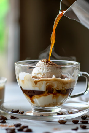 Pouring coffee over ice cream in a glass cupの素材