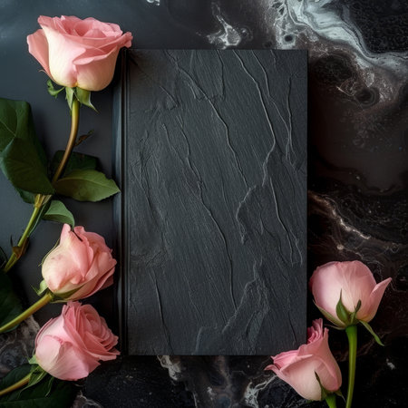 Elegant Pink Roses with Black Stone Texture Backgroundの素材