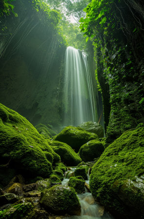 Majestic Waterfall in a Lush Green Forestの素材
