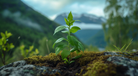 Young plant sprouting in a mountainous landscapeの素材
