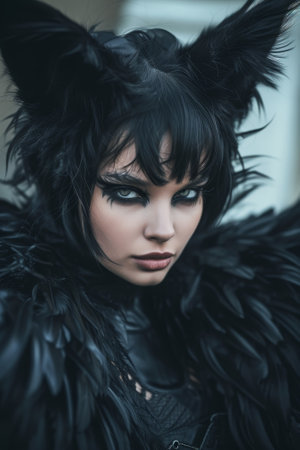 Mysterious person in a dark, feathered costume with feline earsの素材
