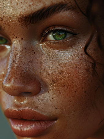 Close-up of a Woman with Freckles and Green Eyesの素材