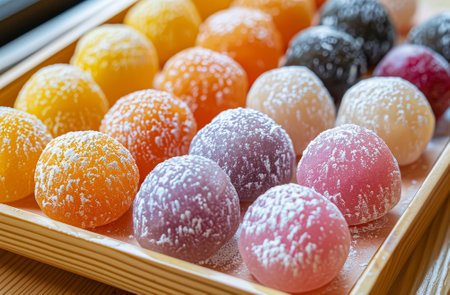 Assorted colorful mochi ice cream on a trayの素材