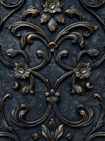 Elegant black and gold floral pattern on a textured backgroundの素材