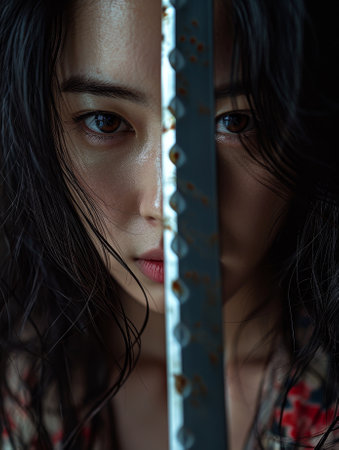 Intense gaze of a woman with a reflective surfaceの素材