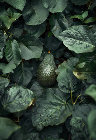 Fresh avocado nestled among green leavesの素材
