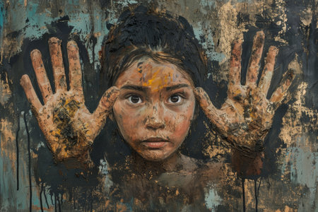 Portrait of a child with painted hands and face against an artistic backgroundの素材