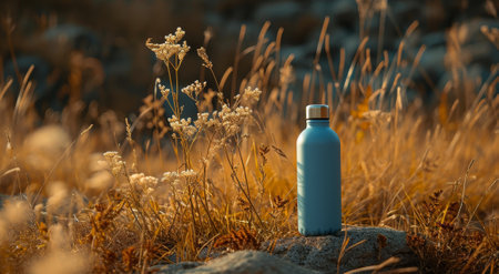 Reusable Water Bottle in a Golden Field at Sunsetの素材