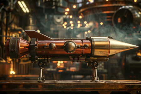 Futuristic missile on display with industrial backgroundの素材