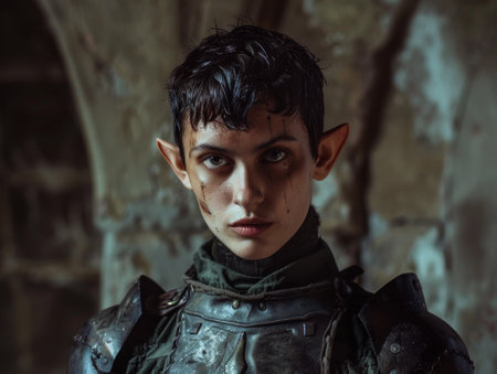 Fantasy warrior with elf ears in armor looking intentlyの素材
