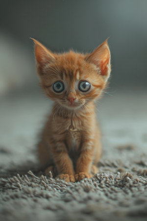 Adorable orange kitten with big blue eyes sitting on a rugの素材