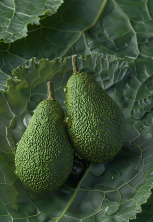 Fresh avocados on a textured green backgroundの素材