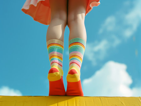 Child in colorful socks standing against a blue skyの素材