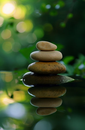 Zen stones in balance by tranquil waterの素材