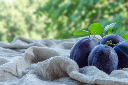 Fresh plums on a rustic cloth with a natural backdropの素材