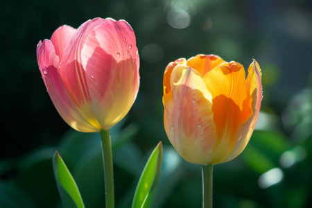 Vibrant Tulips Glistening with Morning Dewの素材