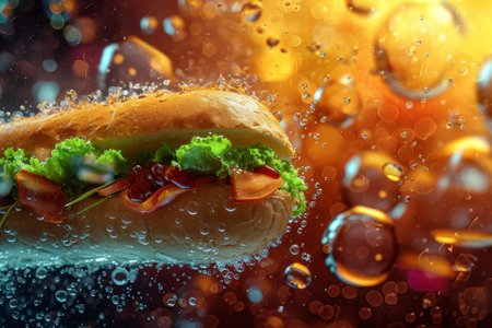 Delicious hot dog with fresh toppings and sparkling backgroundの素材