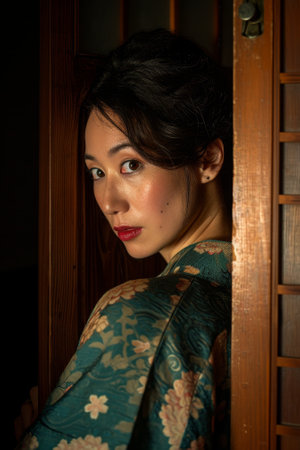 Elegant woman in traditional attire posing by a wooden doorの素材