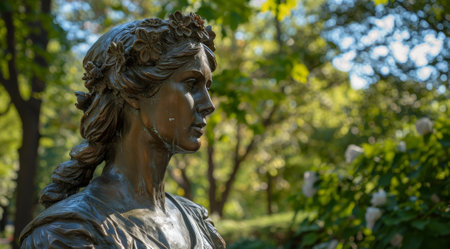 Bronze statue of a woman in a park with sunlight filtering through treesの素材
