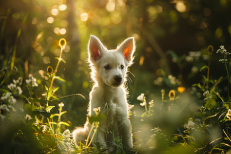 Puppy enjoying the warmth of the sun in a meadowの素材
