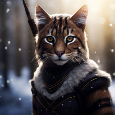 Fantasy Warrior Cat in a Snowy Landscapeの素材