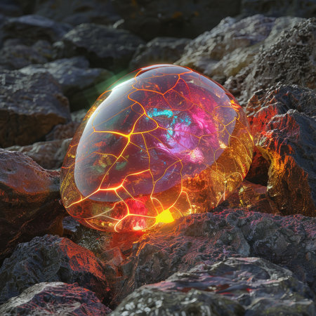 Mystical glowing crystal egg on rocky terrainの素材
