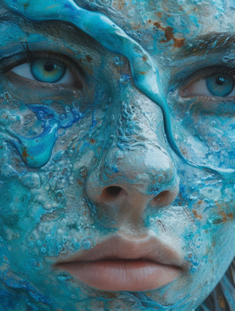 Close-up of a woman with artistic blue makeupの素材