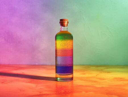Colorful liquid layers in a glass bottle against a vibrant backgroundの素材