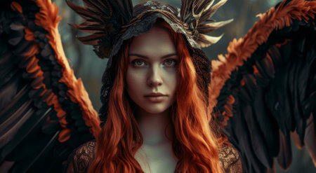 Mystical woman with fiery hair and dark angel wings in an enchanted forestの素材