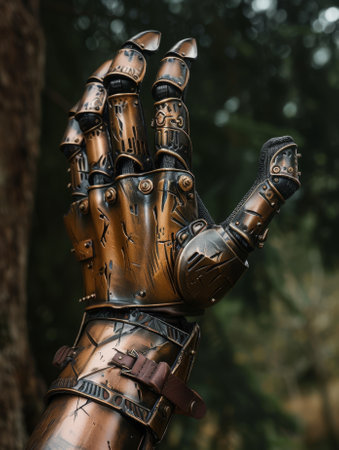 Medieval knight's armored gauntlet raised in a forest settingの素材