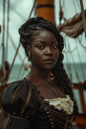 Pirate-themed portrait of a woman on a shipの素材