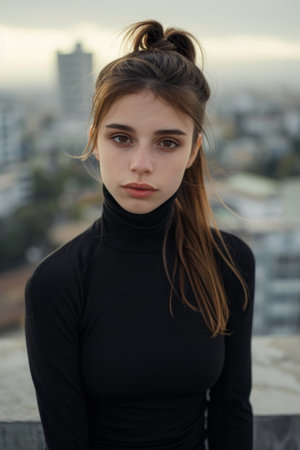 Young woman with a contemplative expression standing in an urban setting at duskの素材