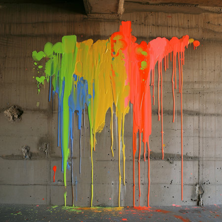 Colorful Paint Dripping Down a Concrete Wallの素材