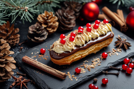 Festive Eclair with Whipped Cream and Berries on a Slate Plateの素材