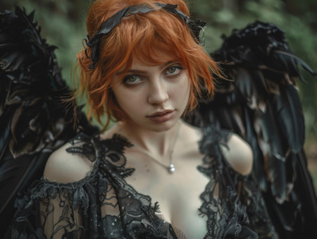 Mysterious woman in dark fantasy costume posing in a forestの素材