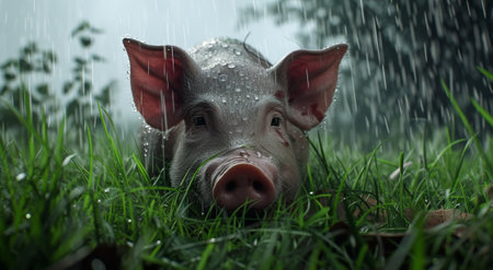Piglet resting in the grass during a rain showerの素材