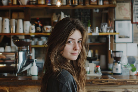Young woman smiling in a cozy coffee shop settingの素材