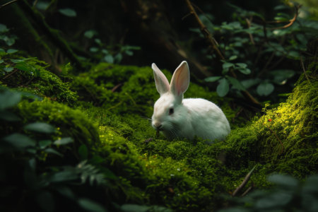 White rabbit sitting in a lush green forestの素材