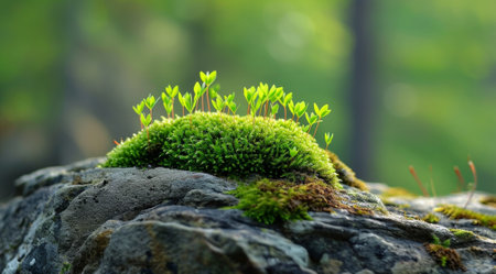 Fresh green moss growing on a rock in a serene forestの素材