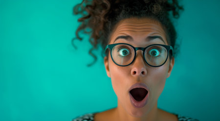 Surprised young woman with glasses on a teal backgroundの素材