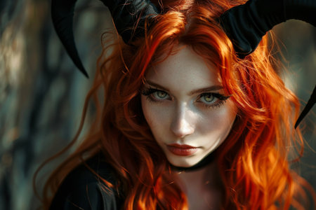 Mysterious woman with horns and fiery red hairの素材