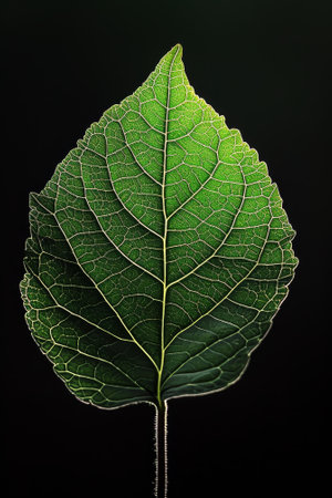 Green leaf with intricate veins isolated on black backgroundの素材