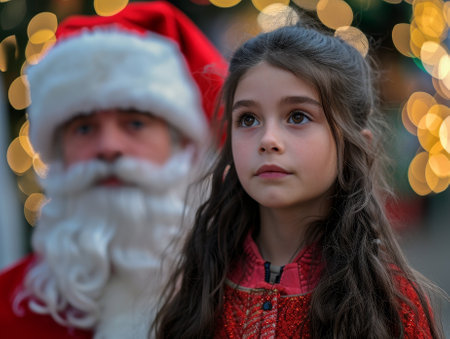 Young girl with a hopeful expression standing near Santa Claus during Christmasの素材