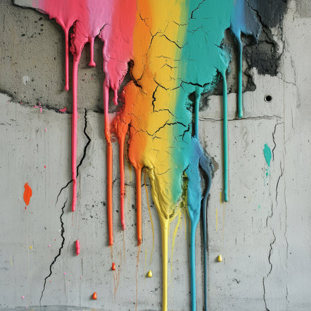 Colorful paint dripping down a concrete wallの素材